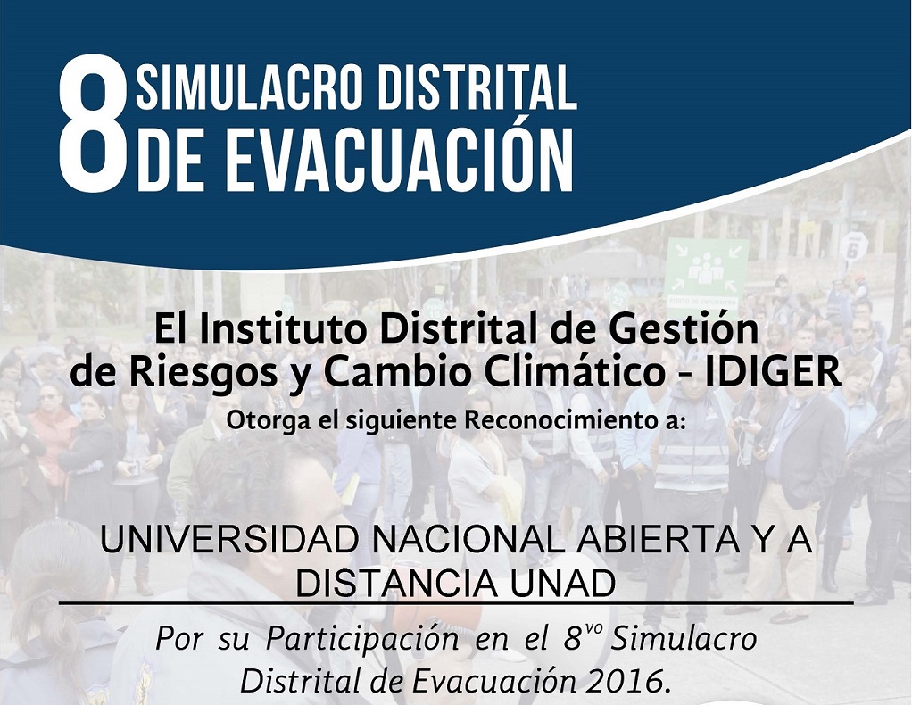 Reconocimiento del IDIGER por la participación en el 8vo simulacro distrital de evacuación