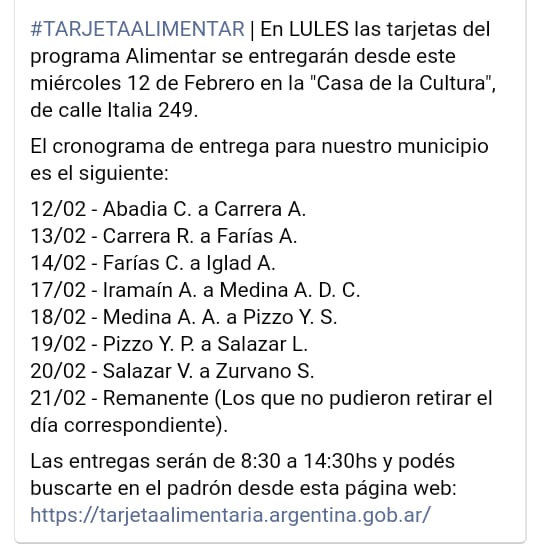 A PARTIR DE MAÑANA SE ENTREGARA LA TARJETA ALIMENTARIA EN LULES