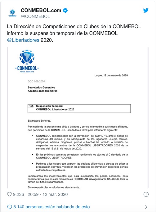 ? OFICIAL: Copa Libertadores y Eliminatorias suspendidas
