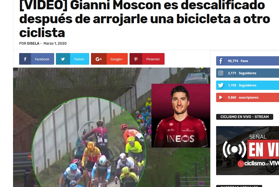 Gianni Moscon es descalificado después de arrojarle una bicicleta a otro ciclista