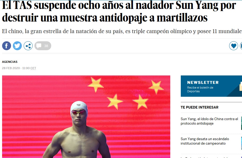 El TAS suspende ocho años al nadador Sun Yang por destruir una muestra antidopaje a martillazos