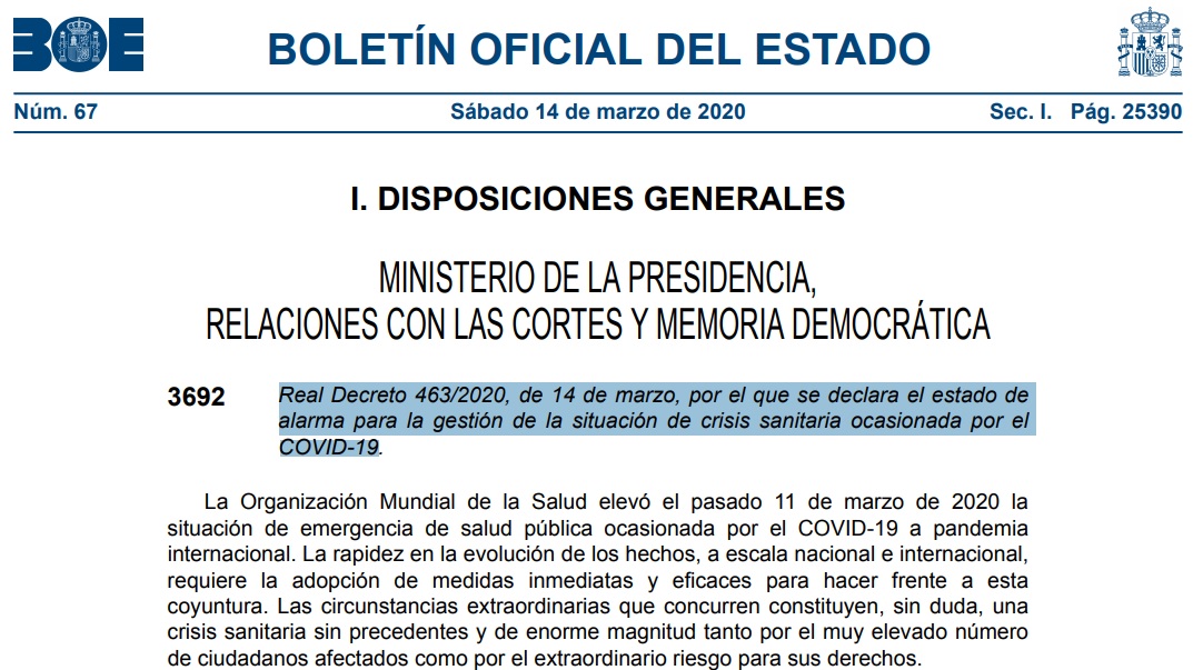 ESPAÑA DECRETA EL ESTADO DE ALARMA