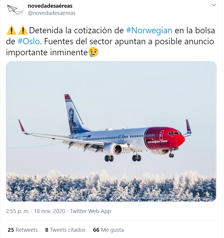 Una cuenta de Twitter publica un próximo comunicado de Norwegian de declarar bancarrota sin fuentes ni criterio