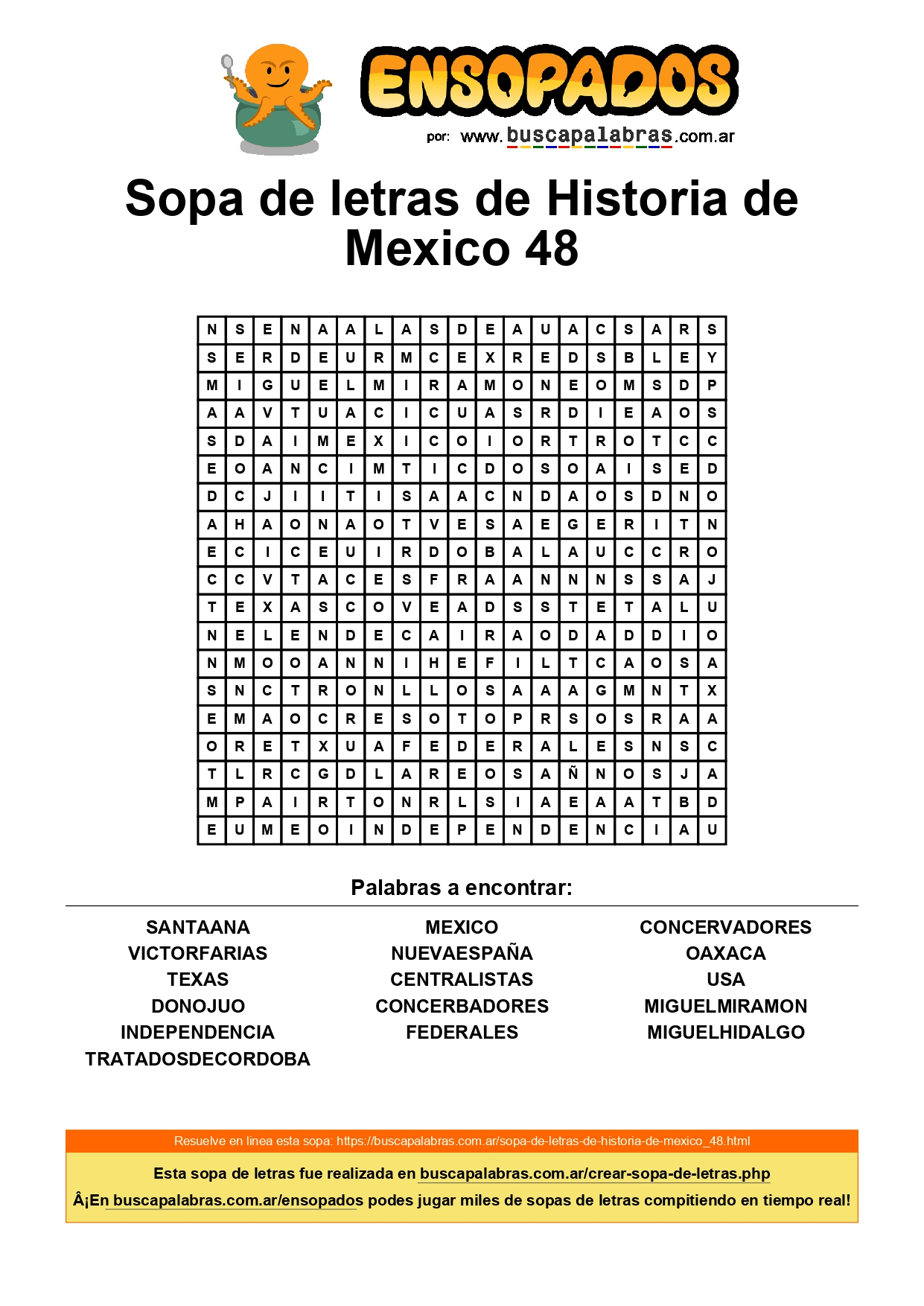 SOPA DE LETRAS HISTORIA DE MEXICO
