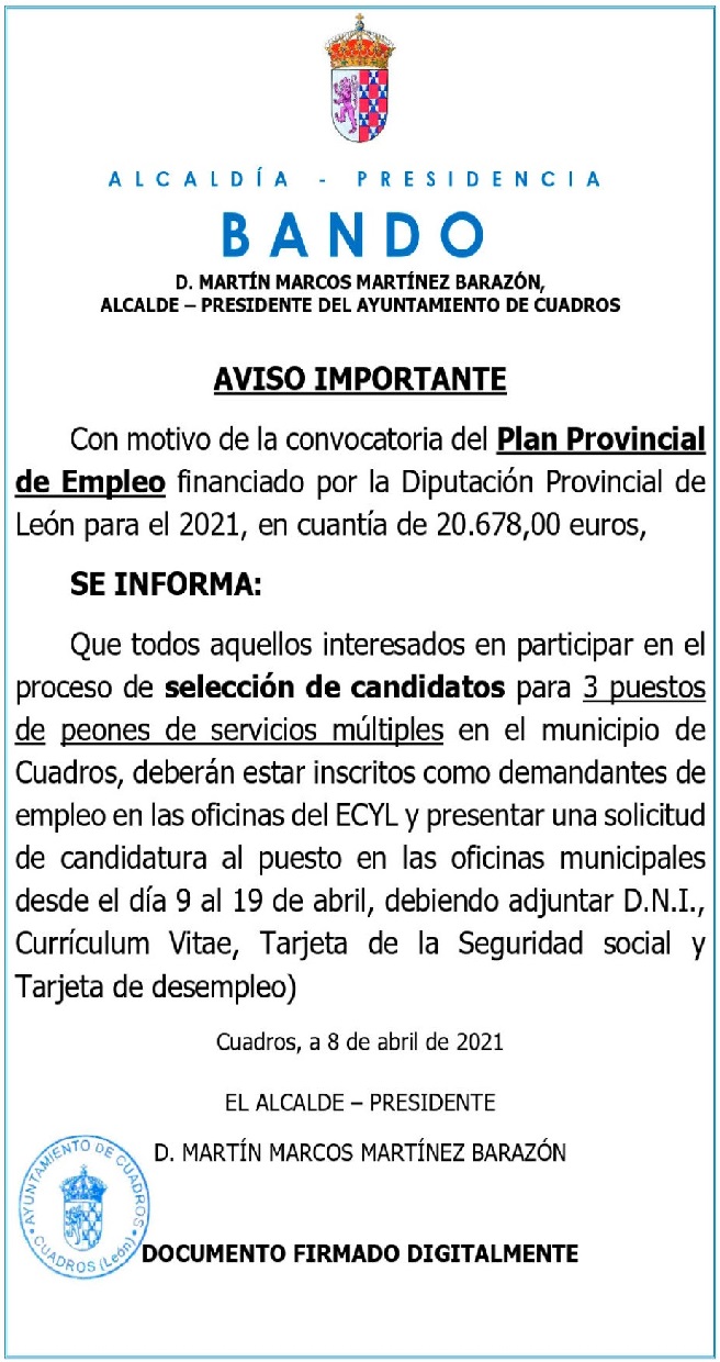 El municipio de Cuadros junto con el Plan Provincial de Empleo.