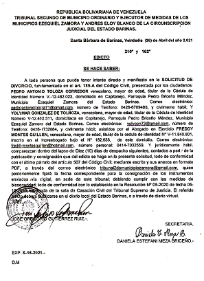 EDICTO DIVORCIO 185 A CC , EXP N° S-16-2021, PUBLICADO EL 27-04-2021
