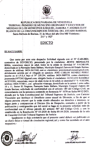 EDICTO DIVORCIO 185 CV EXP N° C-43-2021, PUBLICADO EL 08-06-2021