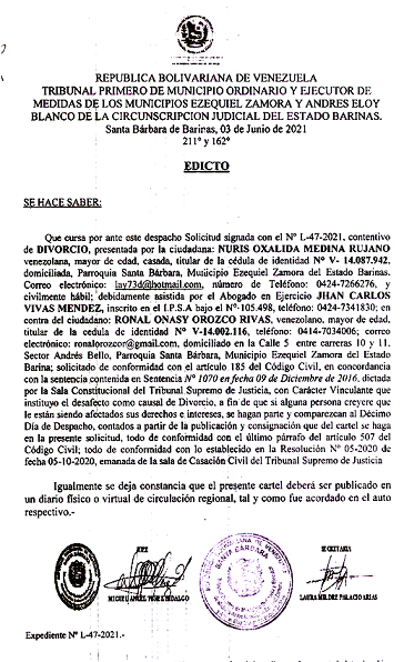 EDICTO DIVORCIO 185 CV , EXP N° L-47-2021, PUBLICADO EL 08-06-2021