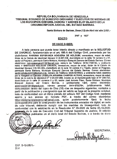 EDICTO DIVORCIO 185 A CC , EXP N° S-12-2021, PUBLICADO EL 12-04-2021
