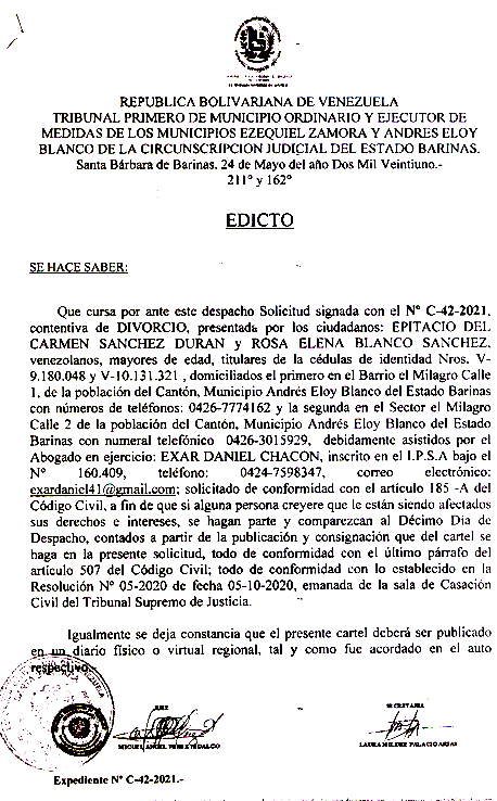 EDICTO DIVORCIO 185 CV , EXP N° C-42-2021, PUBLICADO EL 08-04-2021