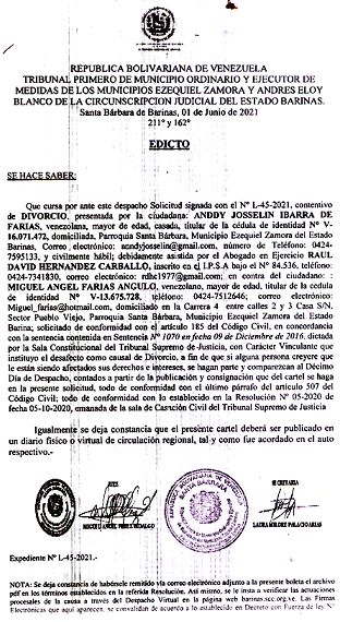 EDICTO DIVORCIO 185 A CC , EXP N° L-45-2021, PUBLICADO EL 08-06-2021
