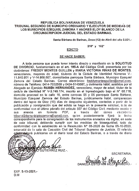 EDICTO DIVORCIO 185 A CC  EXP N° S-13-2021, PUBLICADO EL DIA 12-04-2021