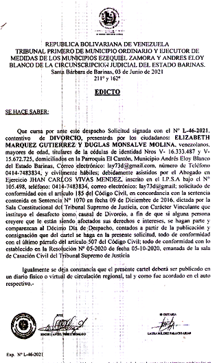 EDICTO DIVORCIO 185  CV , EXP N° L-46-2021, PUBLICADO EL 08-06-2021