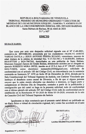 EDICTO DIVORCIO EXP N° L-40-2021, PUBLICADO EL 15-05-2021