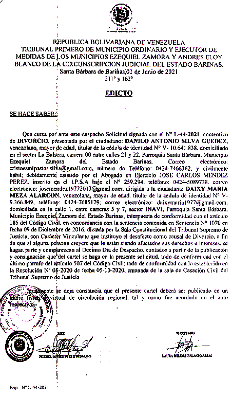 EDICTO DIVORCIO 185  CV , EXP N° L-44-2021, PUBLICADO EL 08-06-2021