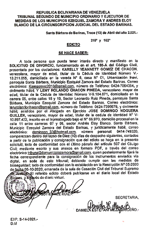 EDICTO DIVORCIO 185 A CC , EXP N° S-14-2021, PUBLICADO EL 13-04-2021