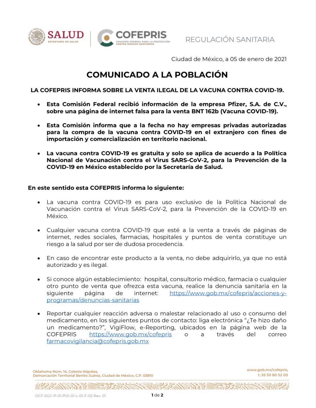 La COFEPRIS advierte sobre la falsa venta de la vacuna COVID19