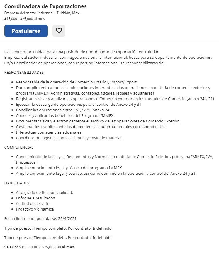 Coordinadora de Exportaciones