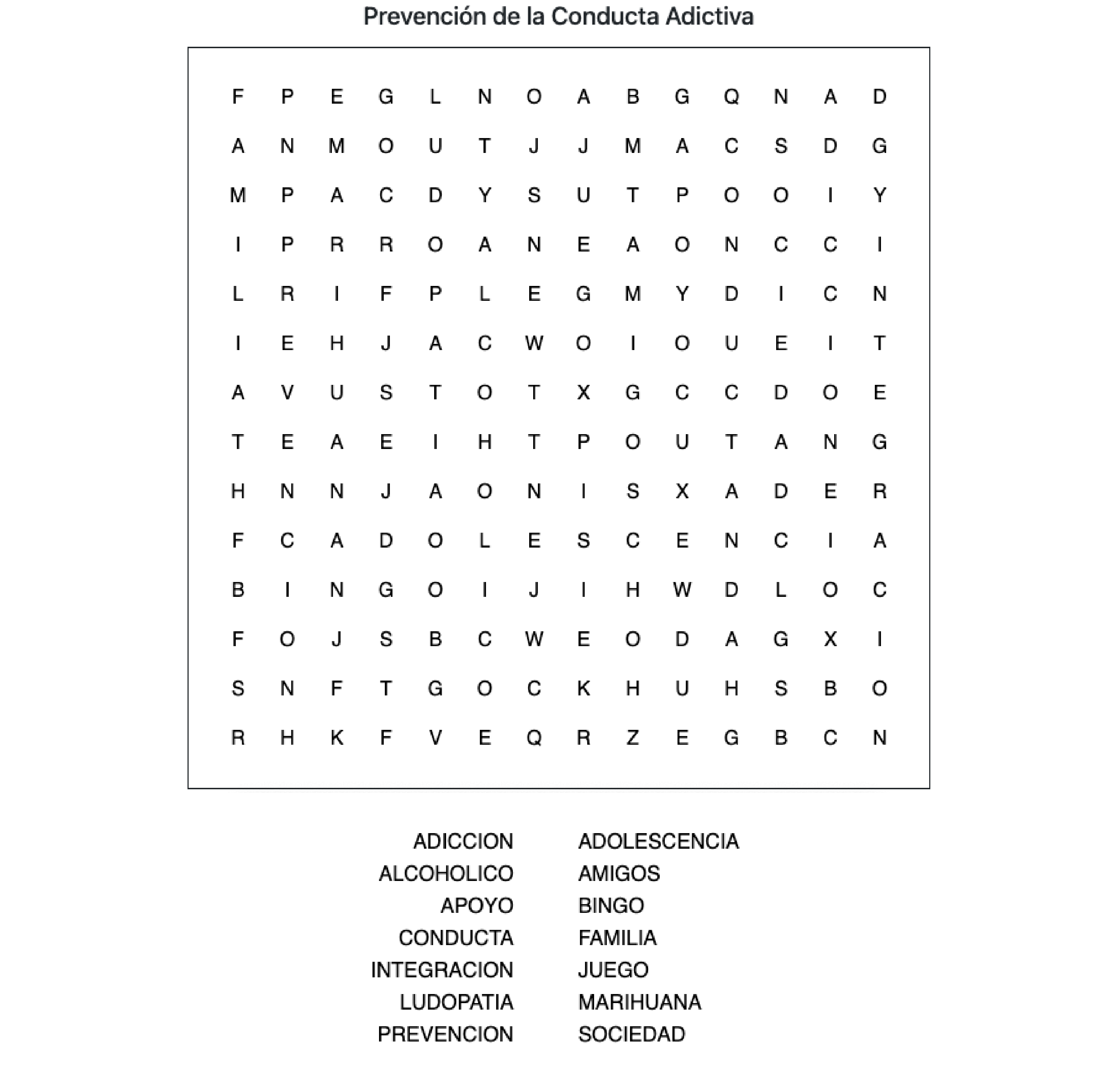 Sopa de Letras - Prevención de la Conducta Adictiva