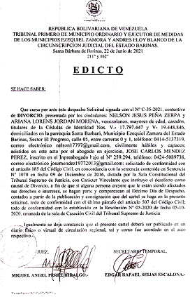 EDICTO DIVORCIO 185 CC (CARACTER VINCULANTE) EXP N° C-52-2021, PUBLICADO 22-06-2021