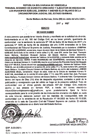 EDICTO DIVORCIO 185 A CC , EXP N° S-23-2021, PUBLICADO EL 08-07-2021