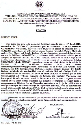 EDICTO DIVORCIO 185 A CC , EXP N° L-60-2021, PUBLICADO EL 29-07-2021