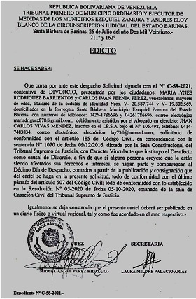 EDICTO DIVORCIO 185 A CC , EXP N° C-58-2021, PUBLICADO EL 01-08-2021
