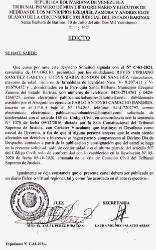 EDICTO DIVORCIO 185 A CC , EXP N° C-61-2021, PUBLICADO EL 02-08-2021