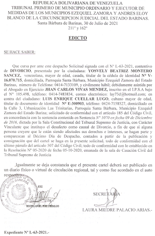 EDICTO DIVORCIO 185 A CC , EXP N° L-63-2021, PUBLICADO EL 01-08-2021