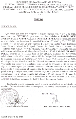 EDICTO DIVORCIO 185 A CC , EXP N° L-62-2021, PUBLICADO EL 01-08-2021