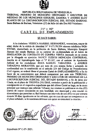 CARTEL DE EMPLAZAMIENTO, SIMULACIÓN CONTRATO COMPRA VENTA EXP C-37-2021, PUBLICADO EL DIA 06-10-2021