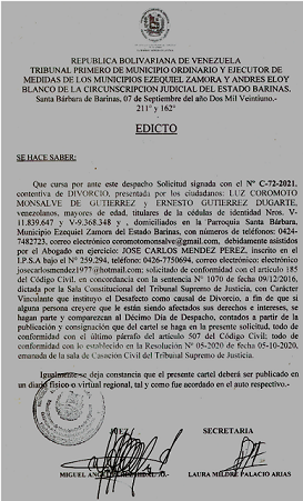 EDICTO DIVORCIO 185 A CC , EXP N° C-72-2021, PUBLICADO EL 09-09-2021