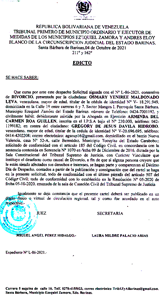 EDICTO DIVORCIO 185 CV , EXP N° L-86-2021, PUBLICADO EL 04-10-2021