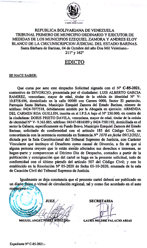 EDICTO DIVORCIO 185 CV , EXP N° C-85-2021, PUBLICADO EL 04-10-2021