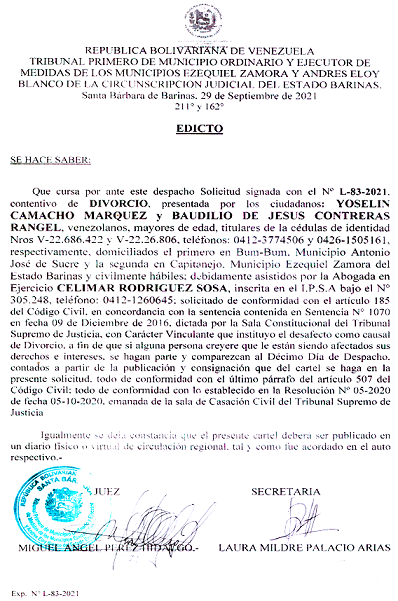 EDICTO DIVORCIO 185 A CC , EXP N° L-83-2021, PUBLICADO EL 01-10-2021