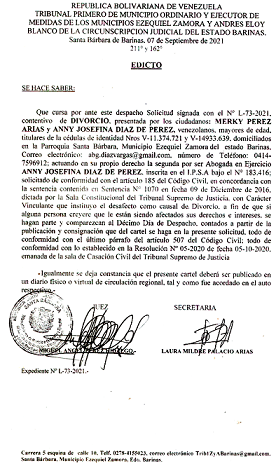 EDICTO DIVORCIO 185 A CC , EXP N° L-73-2021, PUBLICADO EL 09-09-2021