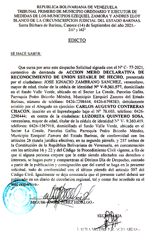 EDICTO ACCION MERO DECLARATIVA DE UNIONESTABLE DE HECHO, EXP N° C-77-2021, PUBLICADO EL 15-09-2021