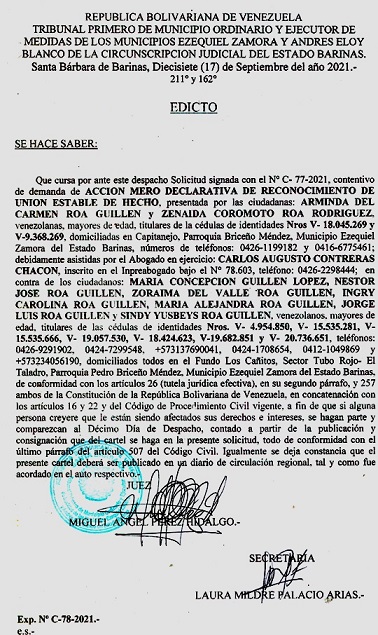 EDICTO ACCION MERO DECLARATIVA DE UNIÓN ESTABLE DE HECHO , EXP N° C-78-2021, PUBLICADO EL 17-09-2021