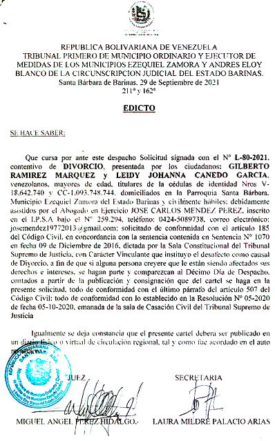 EDICTO DIVORCIO 185 A CC , EXP N° L-80-2021, PUBLICADO EL 01-10-2021