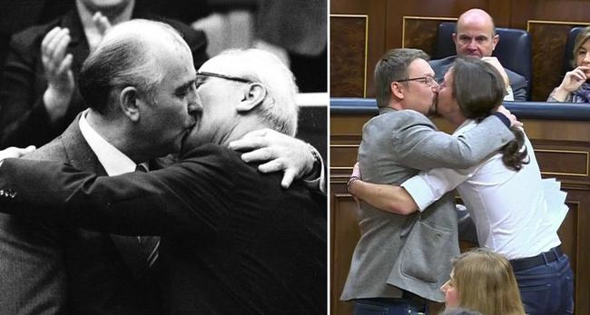 Iglesias no ha dudado en bajar al encuentro de su compañero Domènech a quien ha besado en los labios para felicitarle por su discurso.