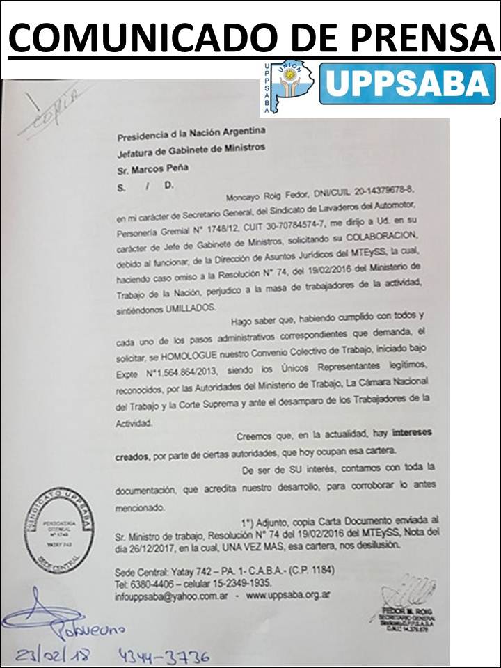 El Sindicato U.P.P.S.A.B.A. realizó hoy, una presentación institucional ante el Presidente y el Ministro. 